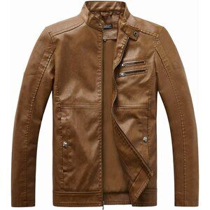 🆕 Men Brown Stand Collar Leather Jacket Motorcycle Lightweight Faux Outwear